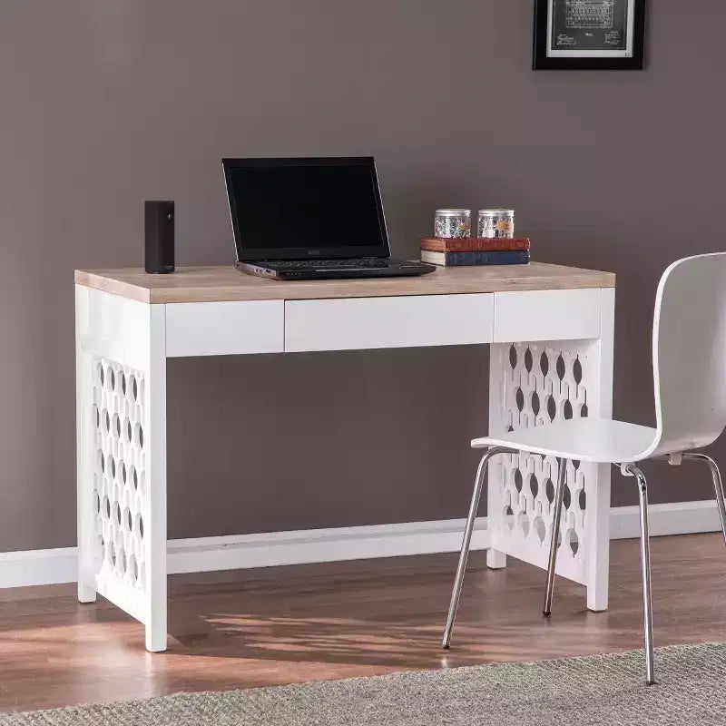 Scrivania bicolore bianca e naturale con cassetto – 1 persona