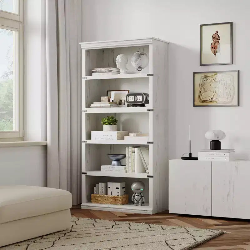 Libreria a 5 Ripiani, Stile Rustico, Bianco Antico / Marrone / Grigio / Rovere Scuro / Ciliegio Scuro, Montaggio per 1-2 Persone