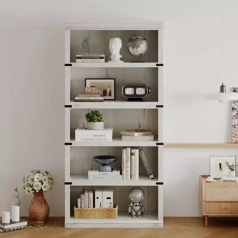 Libreria a 5 Ripiani, Stile Rustico, Bianco Antico / Marrone / Grigio / Rovere Scuro / Ciliegio Scuro, Montaggio per 1-2 Persone