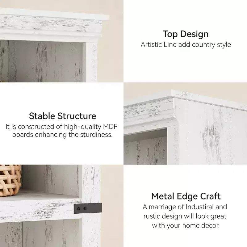 Libreria a 5 Ripiani, Stile Rustico, Bianco Antico / Marrone / Grigio / Rovere Scuro / Ciliegio Scuro, Montaggio per 1-2 Persone