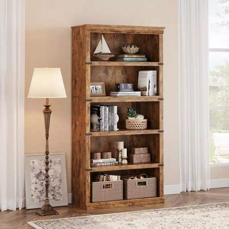 Libreria a 5 Ripiani, Stile Rustico, Bianco Antico / Marrone / Grigio / Rovere Scuro / Ciliegio Scuro, Montaggio per 1-2 Persone