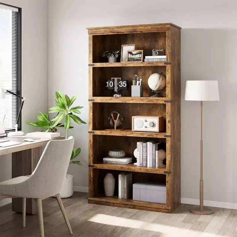 Libreria a 5 Ripiani, Stile Rustico, Bianco Antico / Marrone / Grigio / Rovere Scuro / Ciliegio Scuro, Montaggio per 1-2 Persone