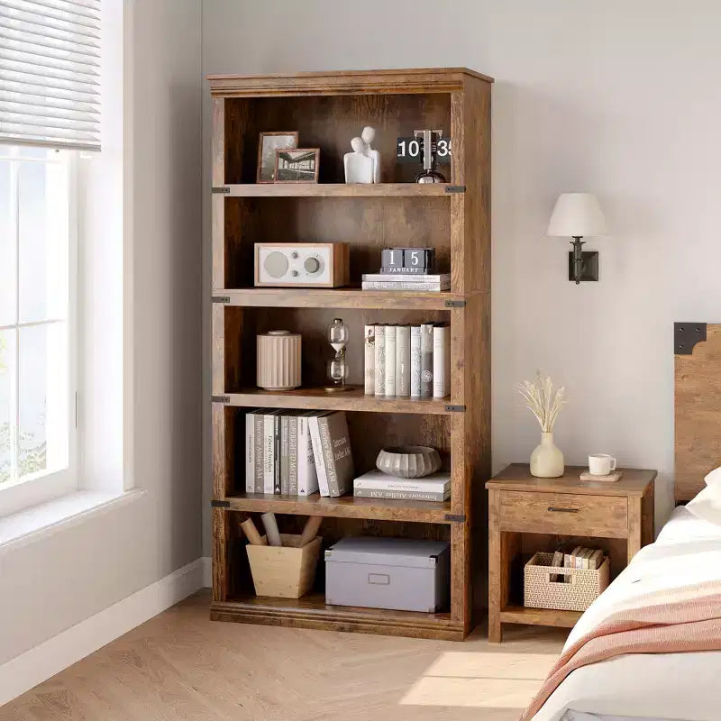 Libreria a 5 Ripiani, Stile Rustico, Bianco Antico / Marrone / Grigio / Rovere Scuro / Ciliegio Scuro, Montaggio per 1-2 Persone