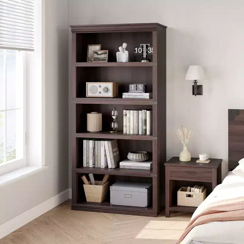 Libreria a 5 Ripiani, Stile Rustico, Bianco Antico / Marrone / Grigio / Rovere Scuro / Ciliegio Scuro, Montaggio per 1-2 Persone