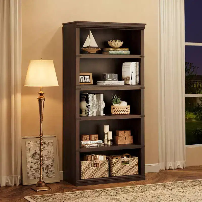 Libreria a 5 Ripiani, Stile Rustico, Bianco Antico / Marrone / Grigio / Rovere Scuro / Ciliegio Scuro, Montaggio per 1-2 Persone