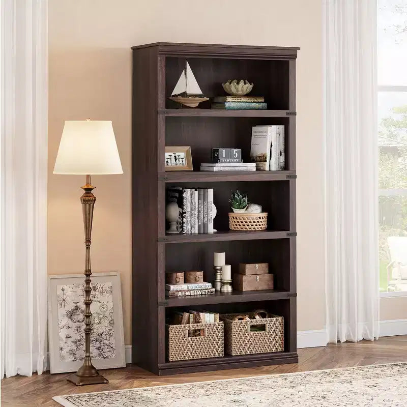 Libreria a 5 Ripiani, Stile Rustico, Bianco Antico / Marrone / Grigio / Rovere Scuro / Ciliegio Scuro, Montaggio per 1-2 Persone