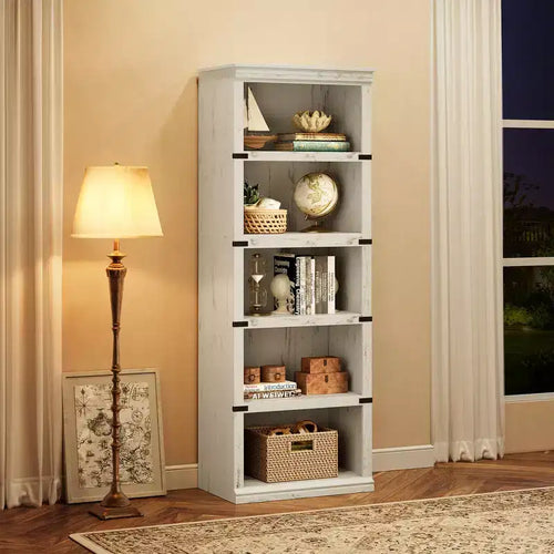 Libreria a 5 Ripiani, Stile Rustico, Bianco Antico / Marrone / Grigio / Rovere Scuro / Ciliegio Scuro, Montaggio per 1-2 Persone