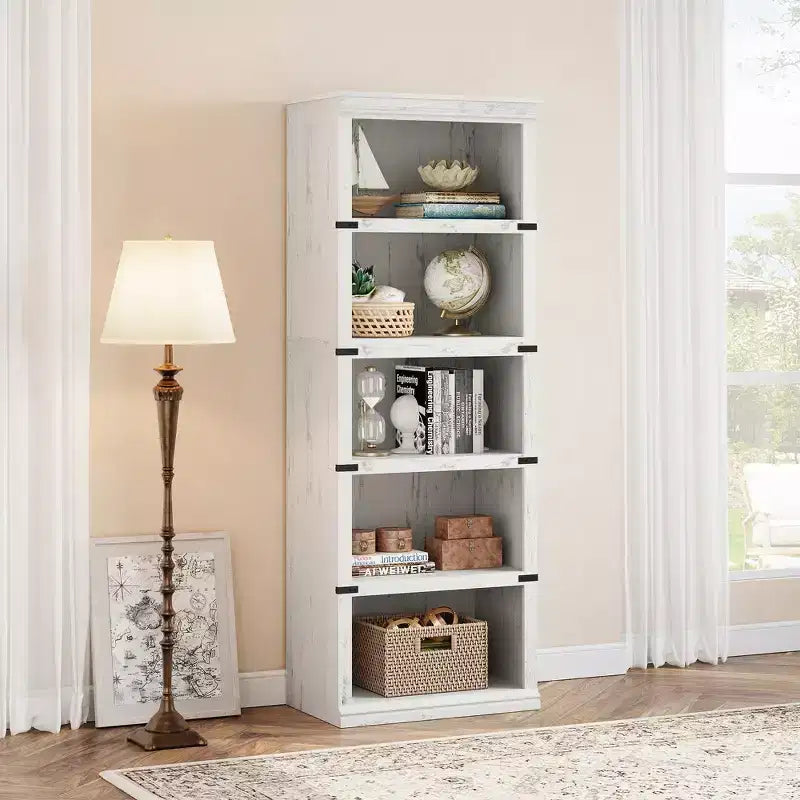 Libreria a 5 Ripiani, Stile Rustico, Bianco Antico / Marrone / Grigio / Rovere Scuro / Ciliegio Scuro, Montaggio per 1-2 Persone
