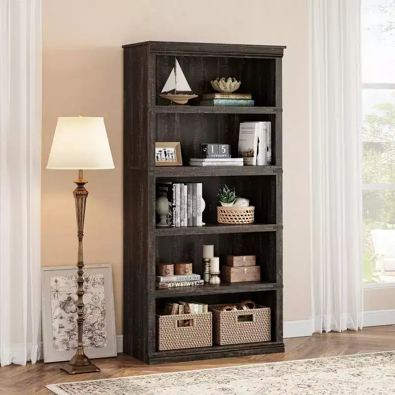 Libreria a 5 Ripiani, Stile Rustico, Bianco Antico / Marrone / Grigio / Rovere Scuro / Ciliegio Scuro, Montaggio per 1-2 Persone