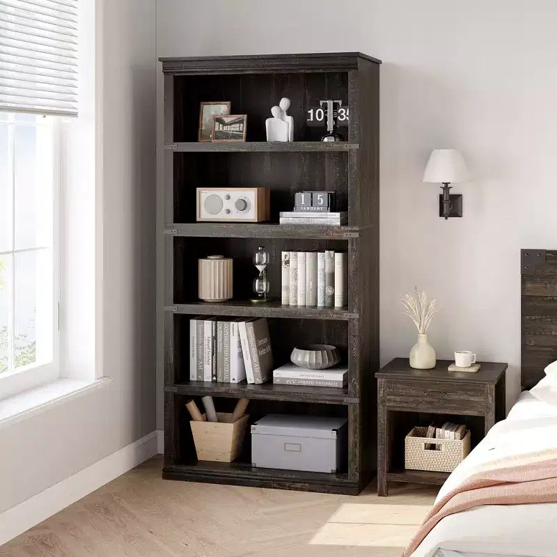 Libreria a 5 Ripiani, Stile Rustico, Bianco Antico / Marrone / Grigio / Rovere Scuro / Ciliegio Scuro, Montaggio per 1-2 Persone