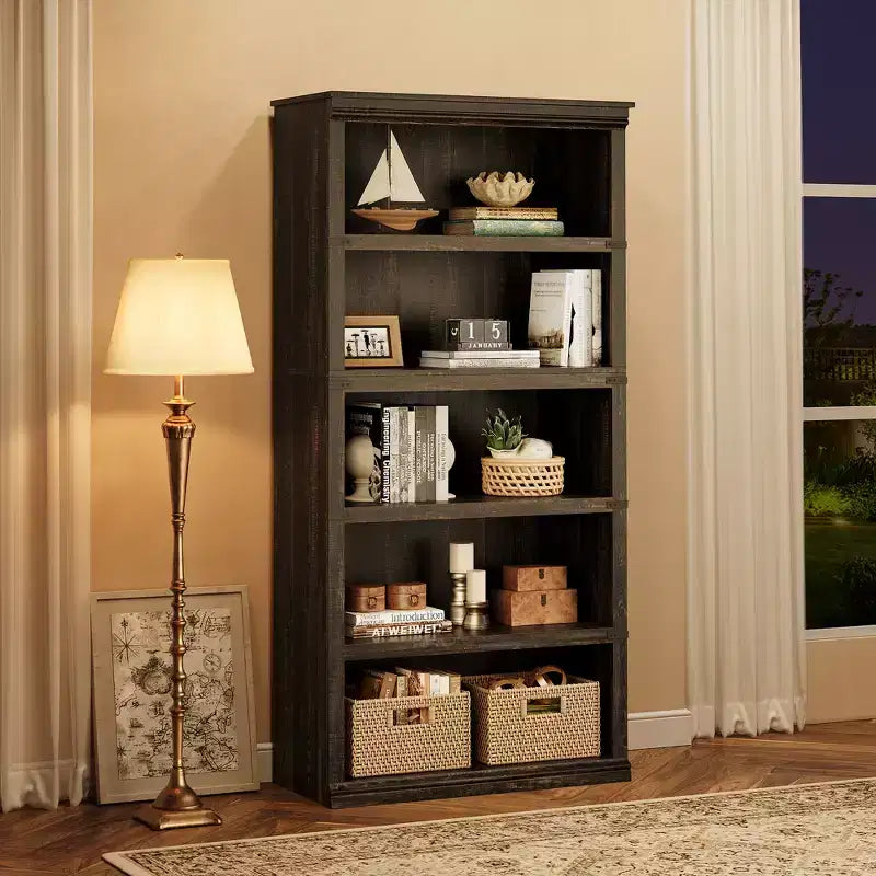 Libreria a 5 Ripiani, Stile Rustico, Bianco Antico / Marrone / Grigio / Rovere Scuro / Ciliegio Scuro, Montaggio per 1-2 Persone