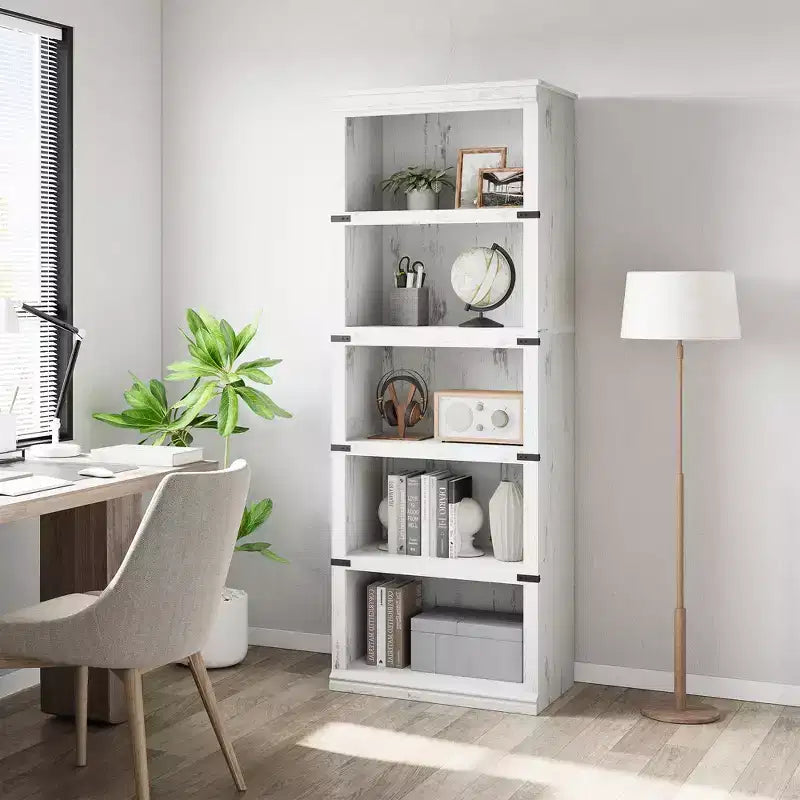 Libreria a 5 Ripiani, Stile Rustico, Bianco Antico / Marrone / Grigio / Rovere Scuro / Ciliegio Scuro, Montaggio per 1-2 Persone