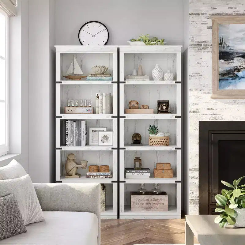 Libreria a 5 Ripiani, Stile Rustico, Bianco Antico / Marrone / Grigio / Rovere Scuro / Ciliegio Scuro, Montaggio per 1-2 Persone