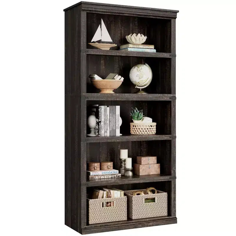 Libreria a 5 Ripiani, Stile Rustico, Bianco Antico / Marrone / Grigio / Rovere Scuro / Ciliegio Scuro, Montaggio per 1-2 Persone