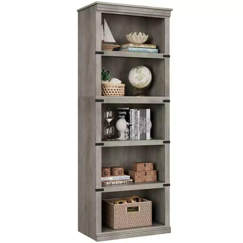 Libreria a 5 Ripiani, Stile Rustico, Bianco Antico / Marrone / Grigio / Rovere Scuro / Ciliegio Scuro, Montaggio per 1-2 Persone