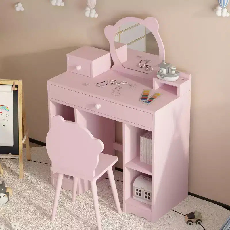 Set Toeletta con Specchio e Sedia Orsetto Rosa – 2 Posti, Legno, Bambina