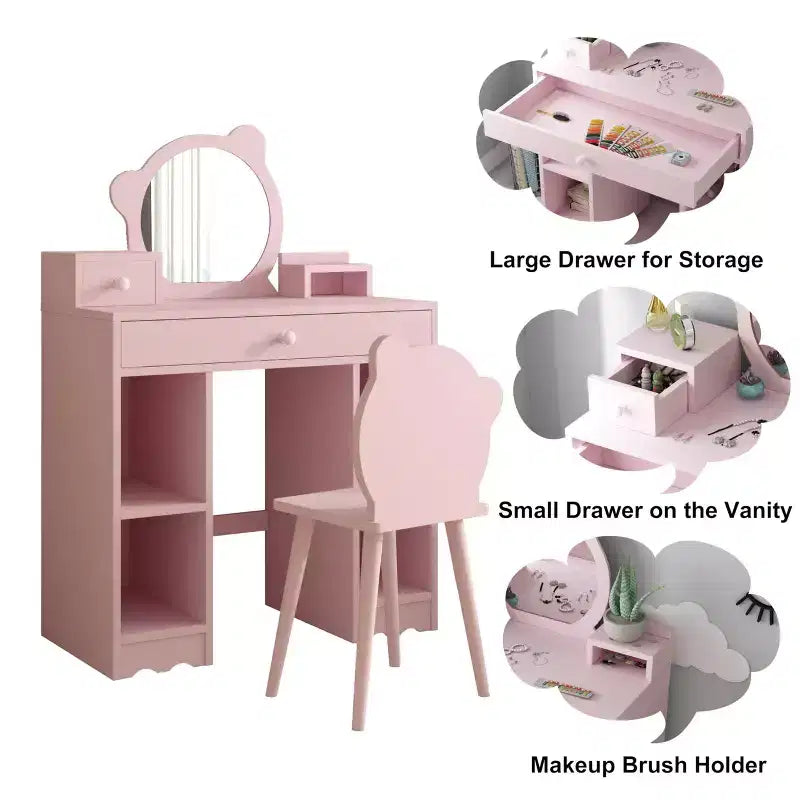 Set Toeletta con Specchio e Sedia Orsetto Rosa – 2 Posti, Legno, Bambina
