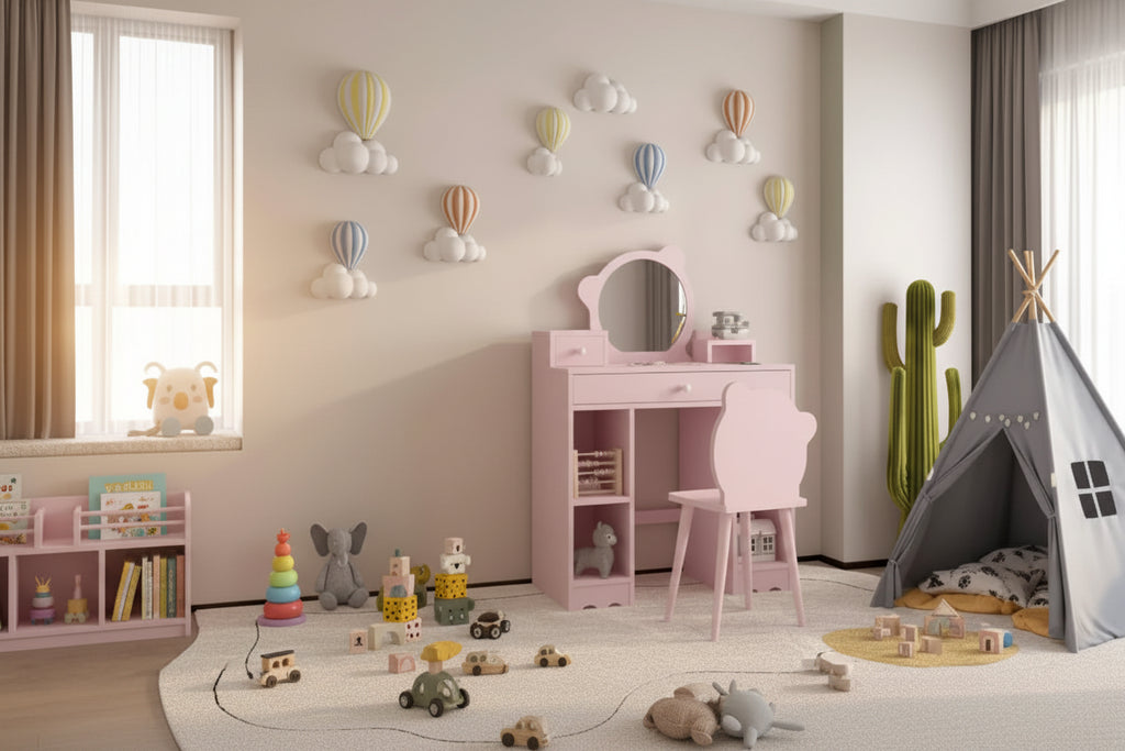 Set Toeletta con Specchio e Sedia Orsetto Rosa – 2 Posti, Legno, Bambina