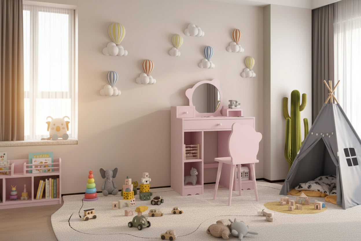 Set Toeletta con Specchio e Sedia Orsetto Rosa – 2 Posti, Legno, Bambina