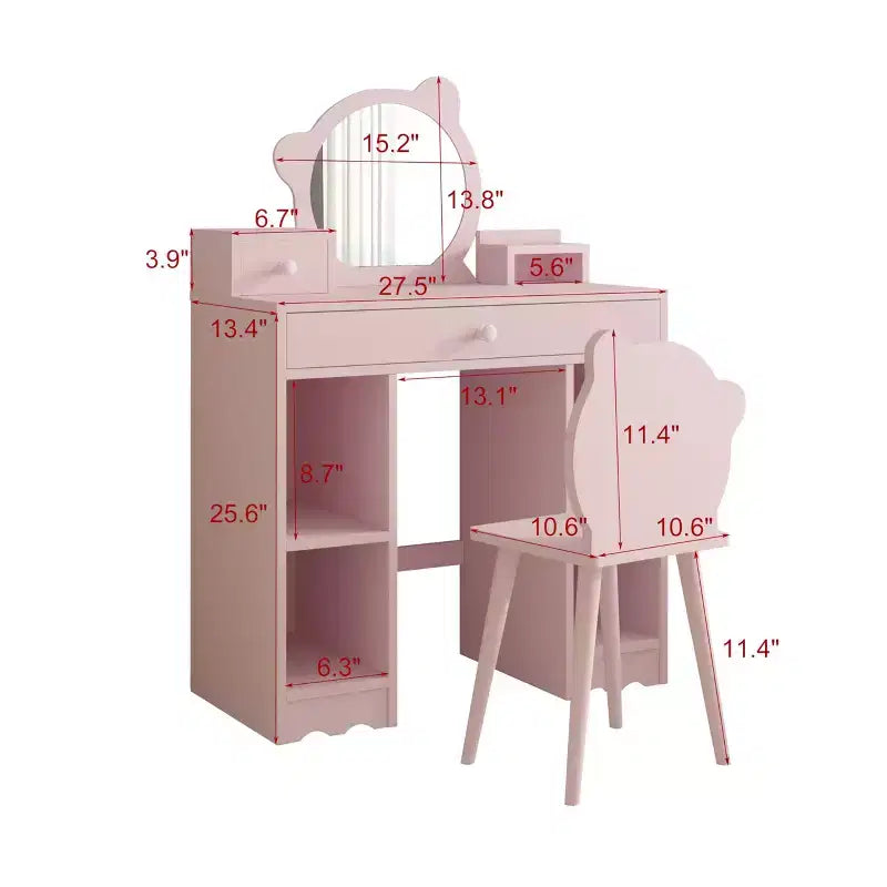 Set Toeletta con Specchio e Sedia Orsetto Rosa – 2 Posti, Legno, Bambina