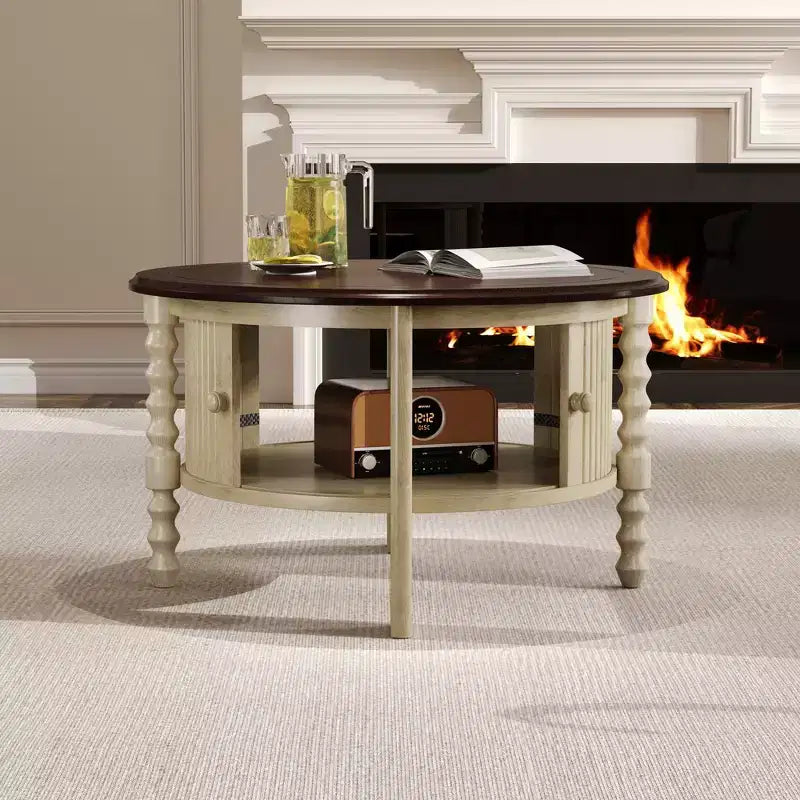 Tavolino da caffè ovale o rotondo marrone/beige e noce/espresso con cassetto e ripiano portaoggetti, per 1-4 persone