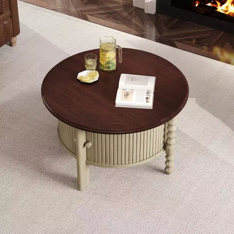 Tavolino da caffè ovale o rotondo marrone/beige e noce/espresso con cassetto e ripiano portaoggetti, per 1-4 persone
