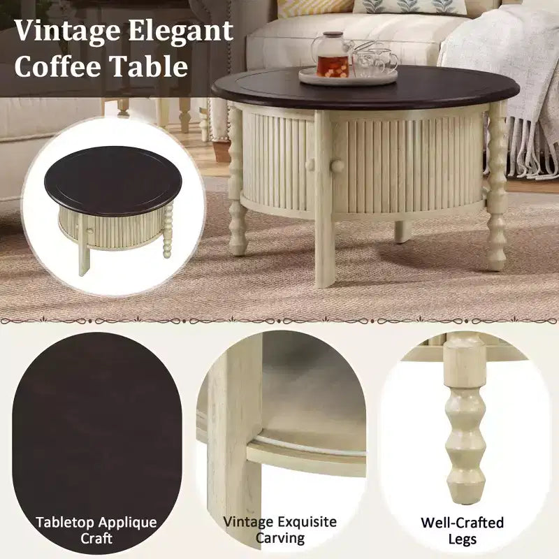 Tavolino da caffè ovale o rotondo marrone/beige e noce/espresso con cassetto e ripiano portaoggetti, per 1-4 persone