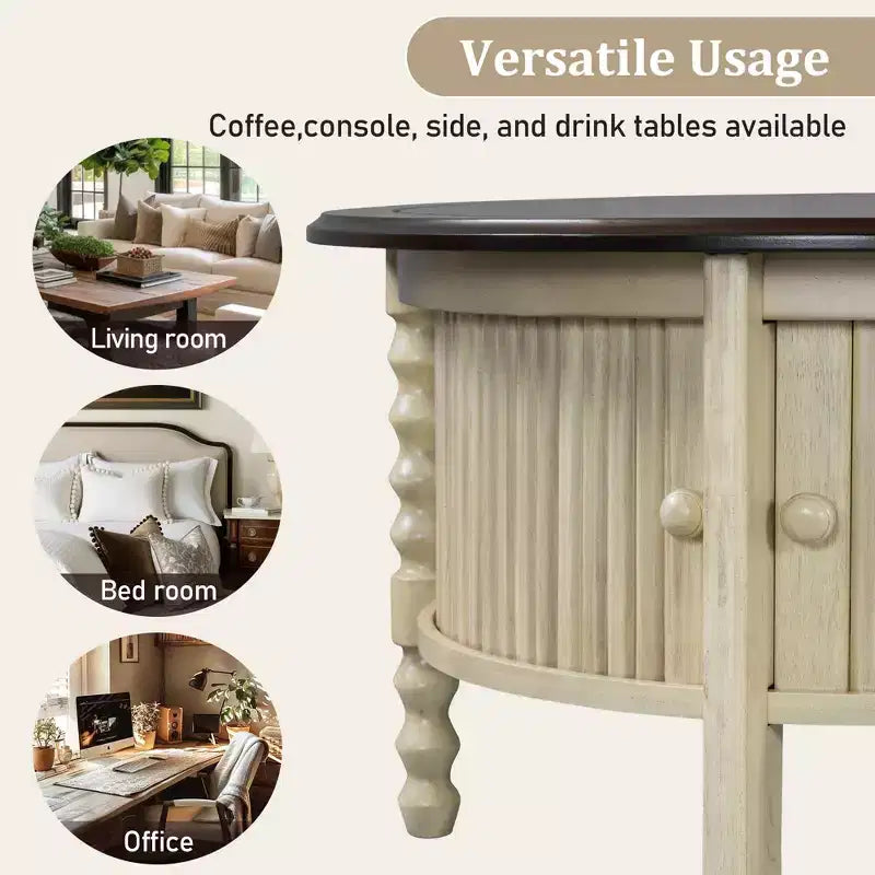 Tavolino da caffè ovale o rotondo marrone/beige e noce/espresso con cassetto e ripiano portaoggetti, per 1-4 persone