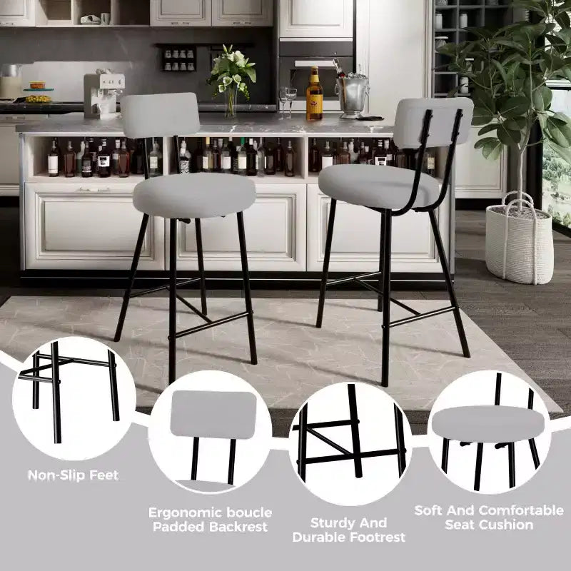 Sgabello da bar rotondo imbottito beige/grigio con schienale e poggiapiedi – Set da 2 o 4
