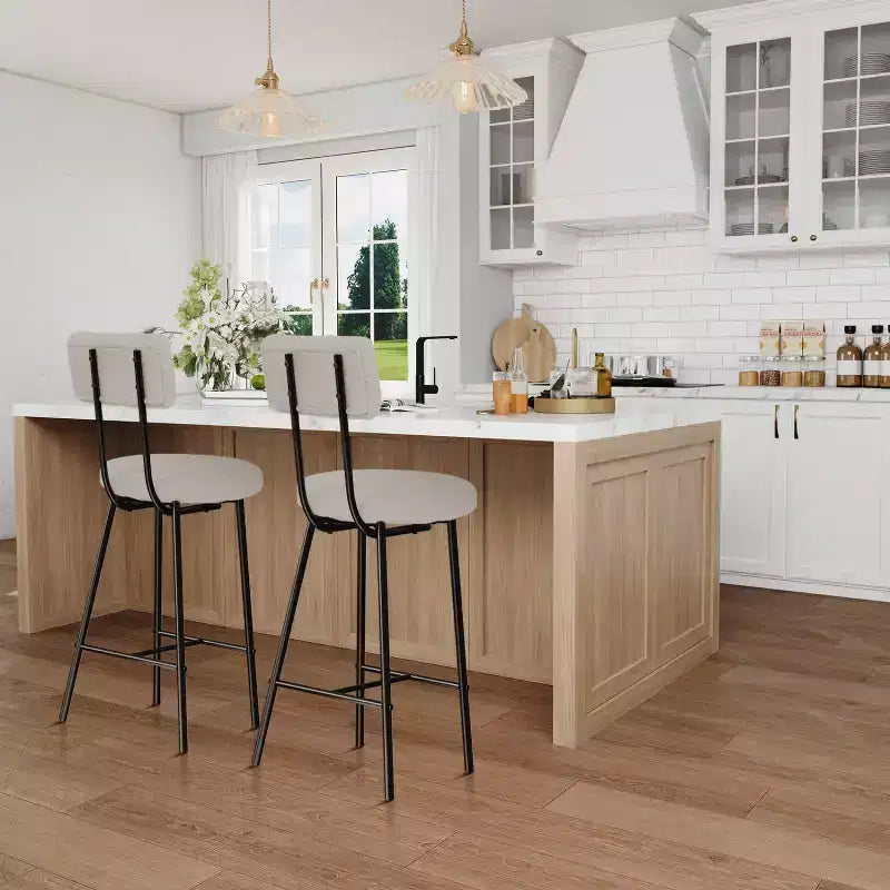 Sgabello da bar rotondo imbottito beige/grigio con schienale e poggiapiedi – Set da 2 o 4