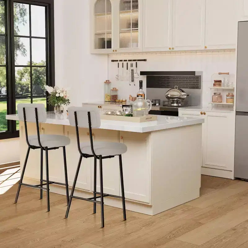 Sgabello da bar rotondo imbottito beige/grigio con schienale e poggiapiedi – Set da 2 o 4