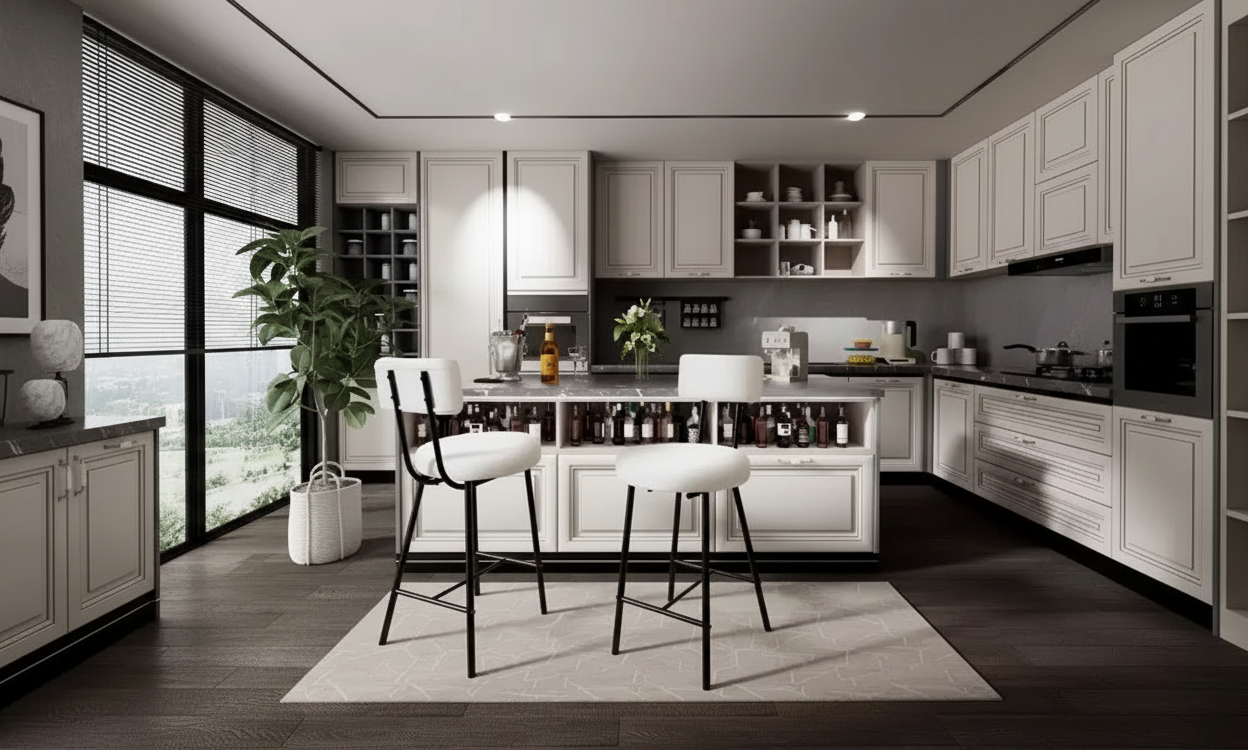 Sgabello da bar rotondo imbottito beige/grigio con schienale e poggiapiedi – Set da 2 o 4