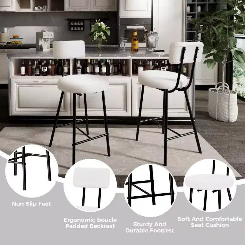 Sgabello da bar rotondo imbottito beige/grigio con schienale e poggiapiedi – Set da 2 o 4