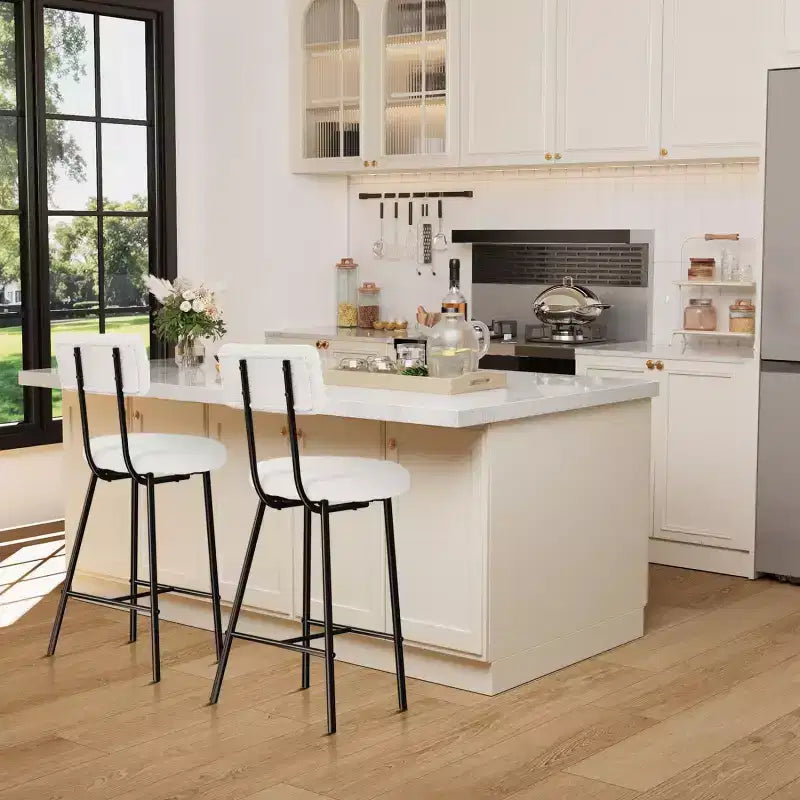 Sgabello da bar rotondo imbottito beige/grigio con schienale e poggiapiedi – Set da 2 o 4