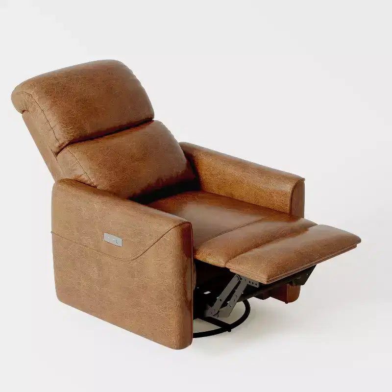 Poltrona Reclinabile Girevole a Dondolo in Similpelle Beige/Marrone con Supporto Lombare, Posto Singolo