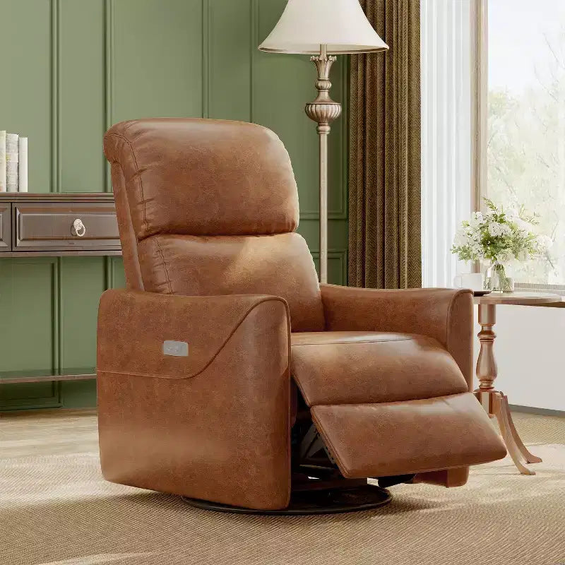 Poltrona Reclinabile Girevole a Dondolo in Similpelle Beige/Marrone con Supporto Lombare, Posto Singolo