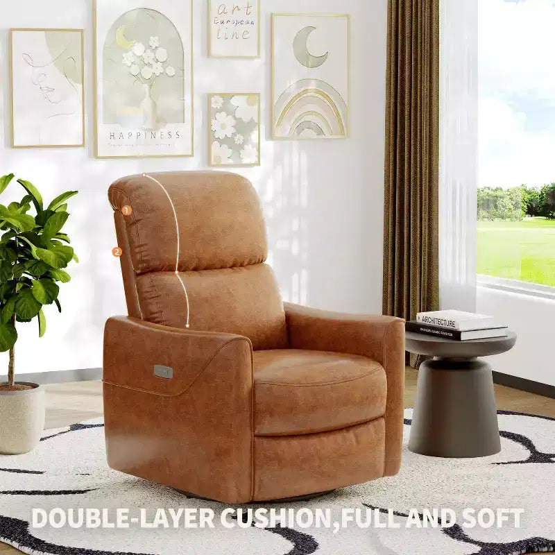 Poltrona Reclinabile Girevole a Dondolo in Similpelle Beige/Marrone con Supporto Lombare, Posto Singolo