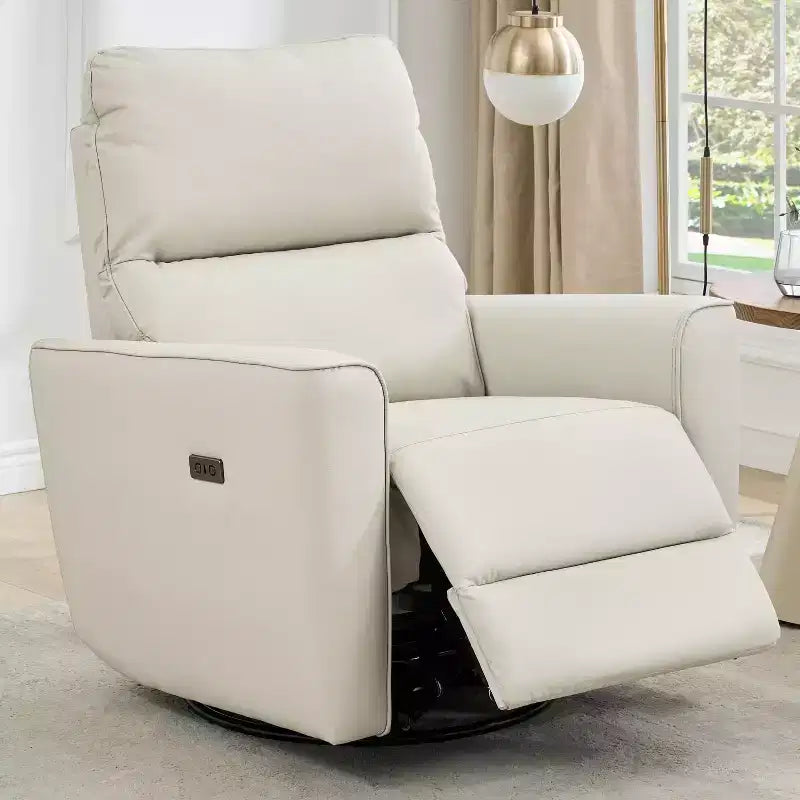 Poltrona Reclinabile Girevole a Dondolo in Similpelle Beige/Marrone con Supporto Lombare, Posto Singolo