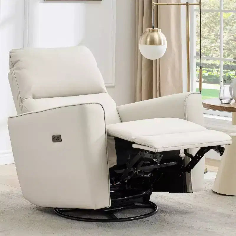 Poltrona Reclinabile Girevole a Dondolo in Similpelle Beige/Marrone con Supporto Lombare, Posto Singolo