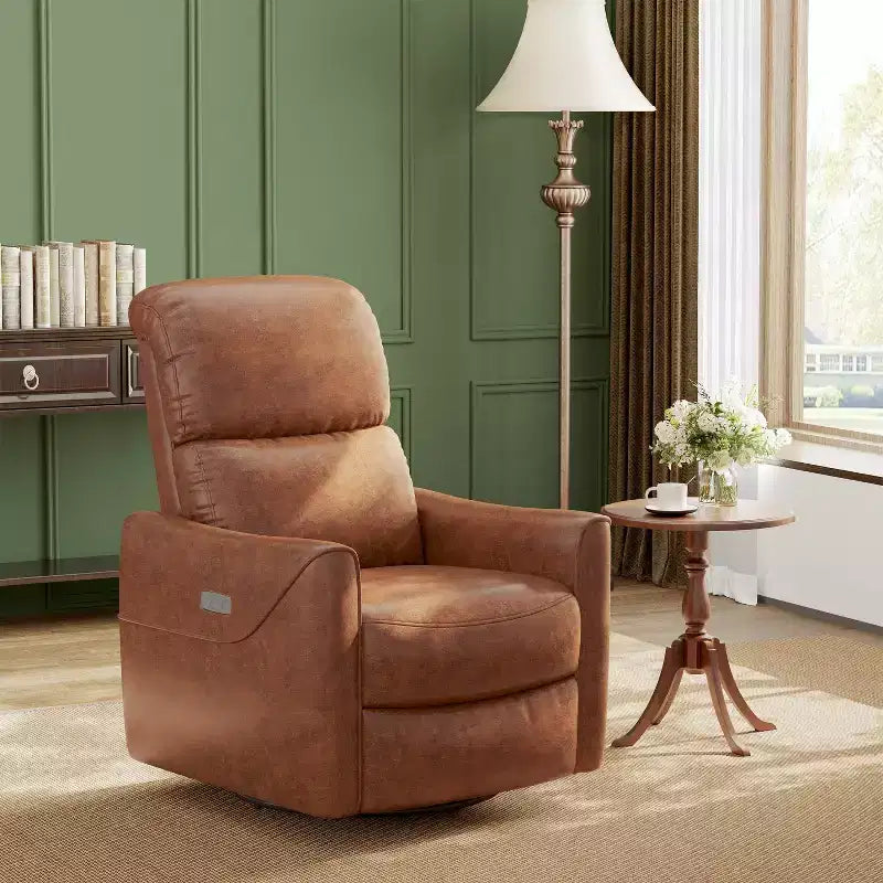 Poltrona Reclinabile Girevole a Dondolo in Similpelle Beige/Marrone con Supporto Lombare, Posto Singolo