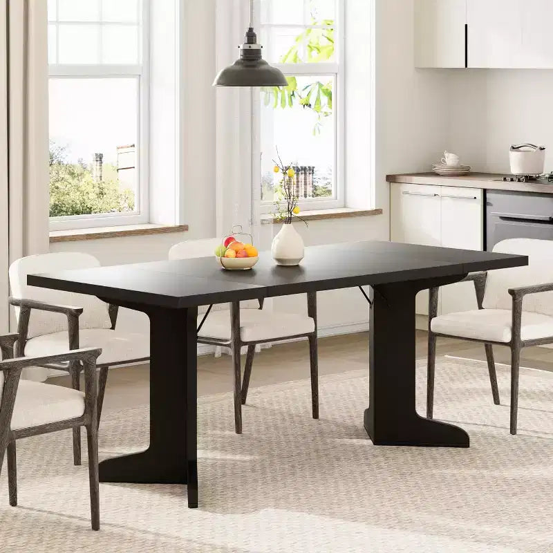Tavolo da pranzo da 180 cm, nero / noce / colore legno, 6-8 posti, base moderna a C