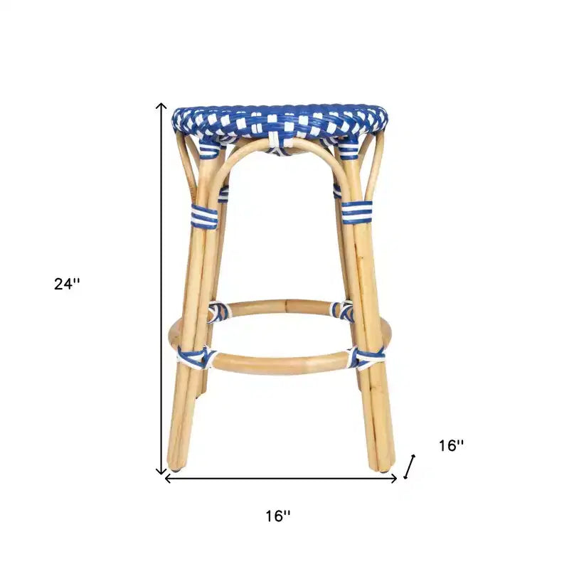 Sgabello da bar rotondo in rattan blu senza schienale, altezza bancone, 1 posto