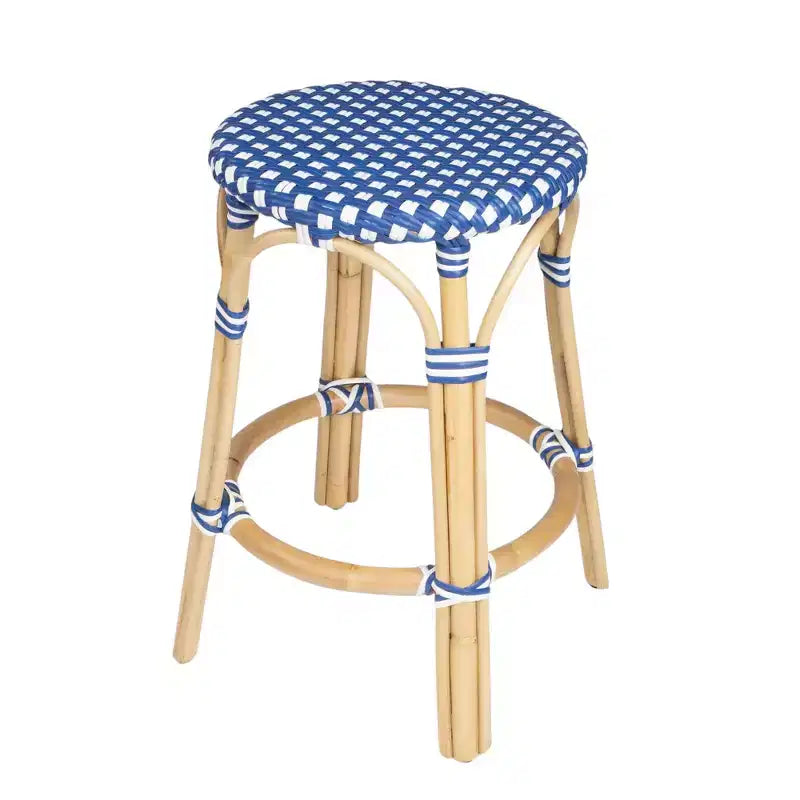 Sgabello da bar rotondo in rattan blu senza schienale, altezza bancone, 1 posto