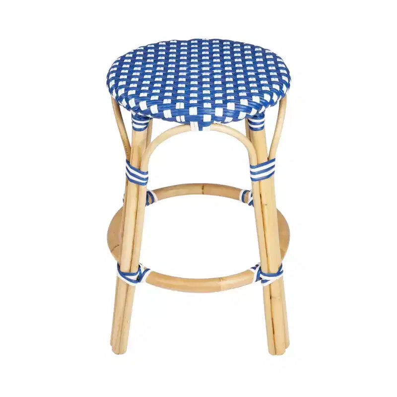 Sgabello da bar rotondo in rattan blu senza schienale, altezza bancone, 1 posto