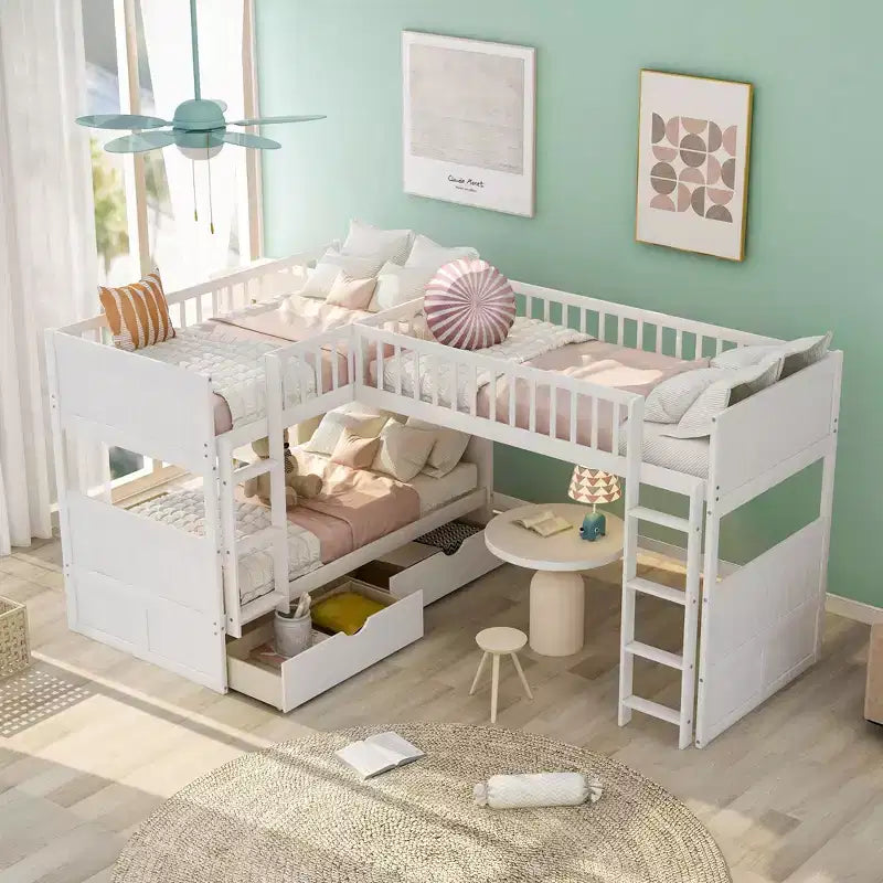 Letto a soppalco triplo grigio/bianco con contenitore, 3 posti letto