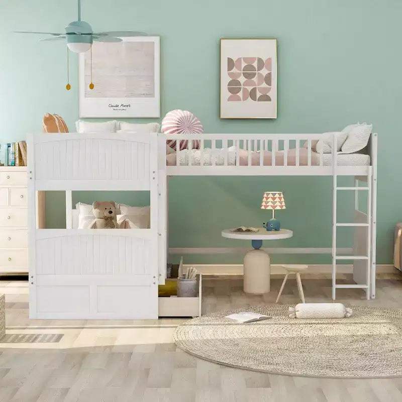 Letto a soppalco triplo grigio/bianco con contenitore, 3 posti letto