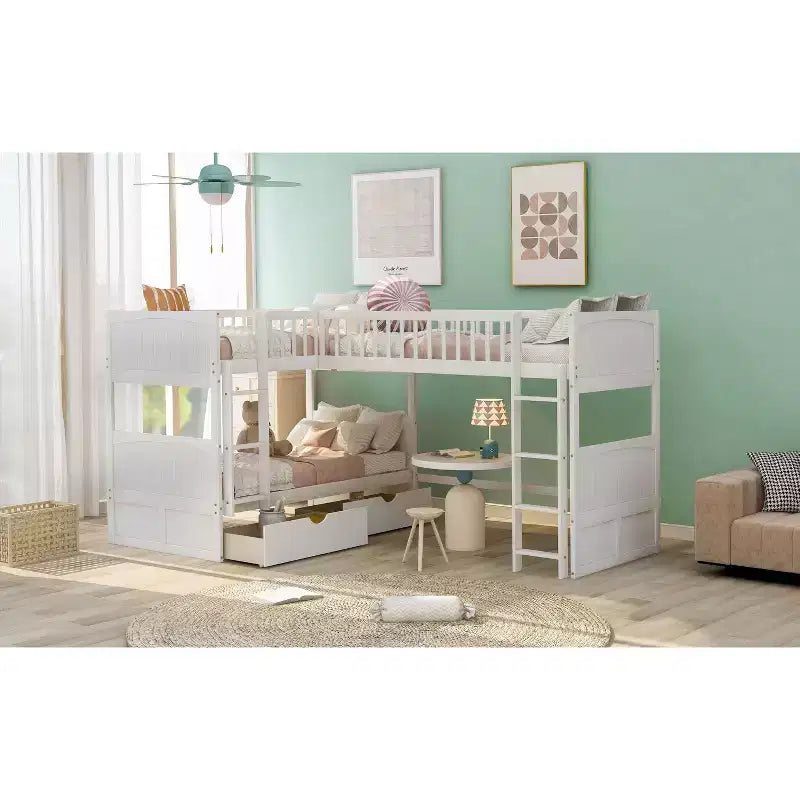 Letto a soppalco triplo grigio/bianco con contenitore, 3 posti letto