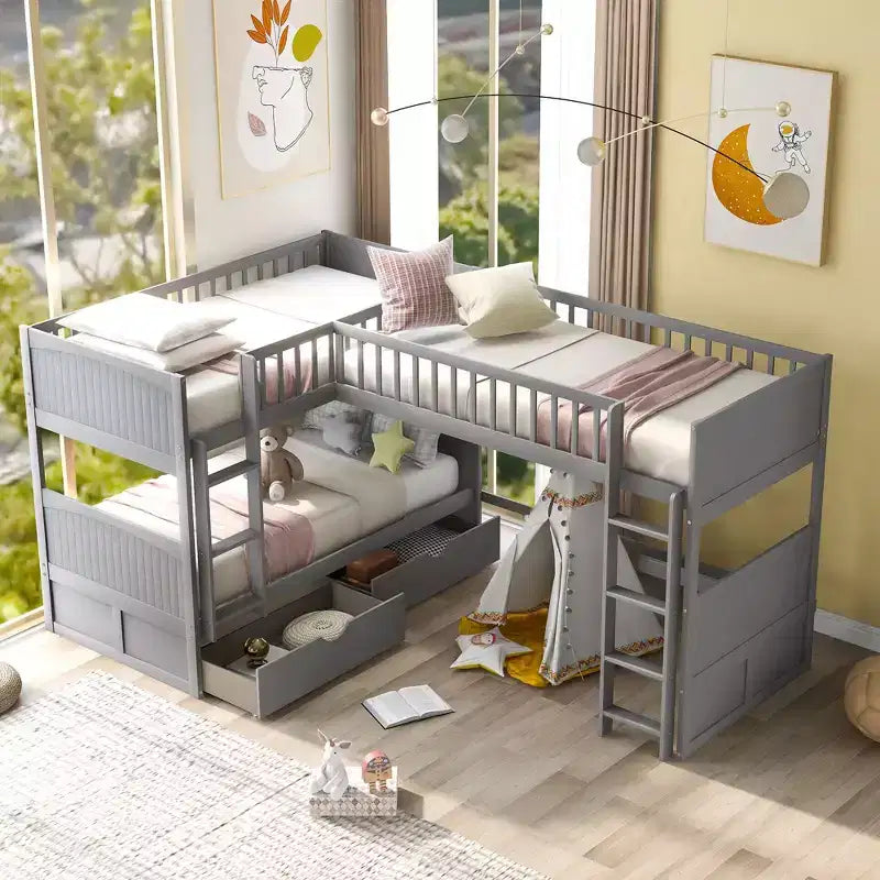 Letto a soppalco triplo grigio/bianco con contenitore, 3 posti letto