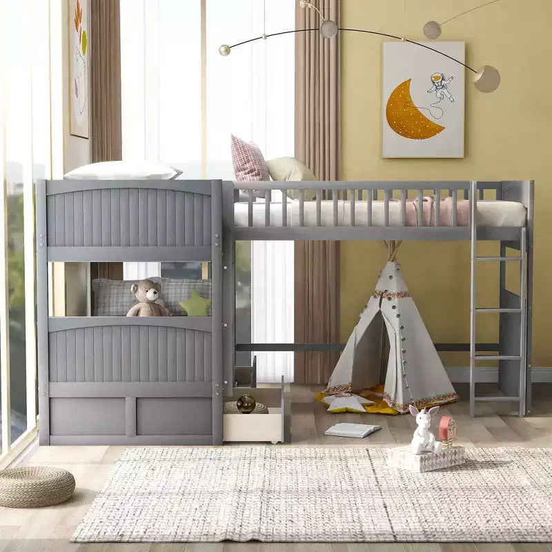 Letto a soppalco triplo grigio/bianco con contenitore, 3 posti letto