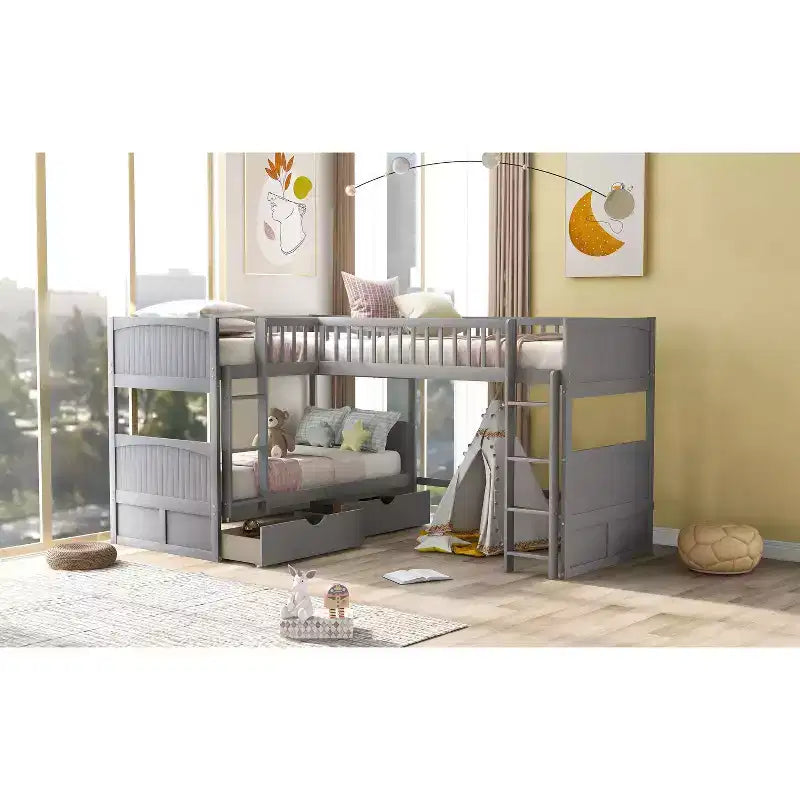 Letto a soppalco triplo grigio/bianco con contenitore, 3 posti letto